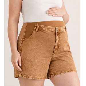 Isabel Maternity Brown Denim Shorts High Rise Stretch Panel Size 16